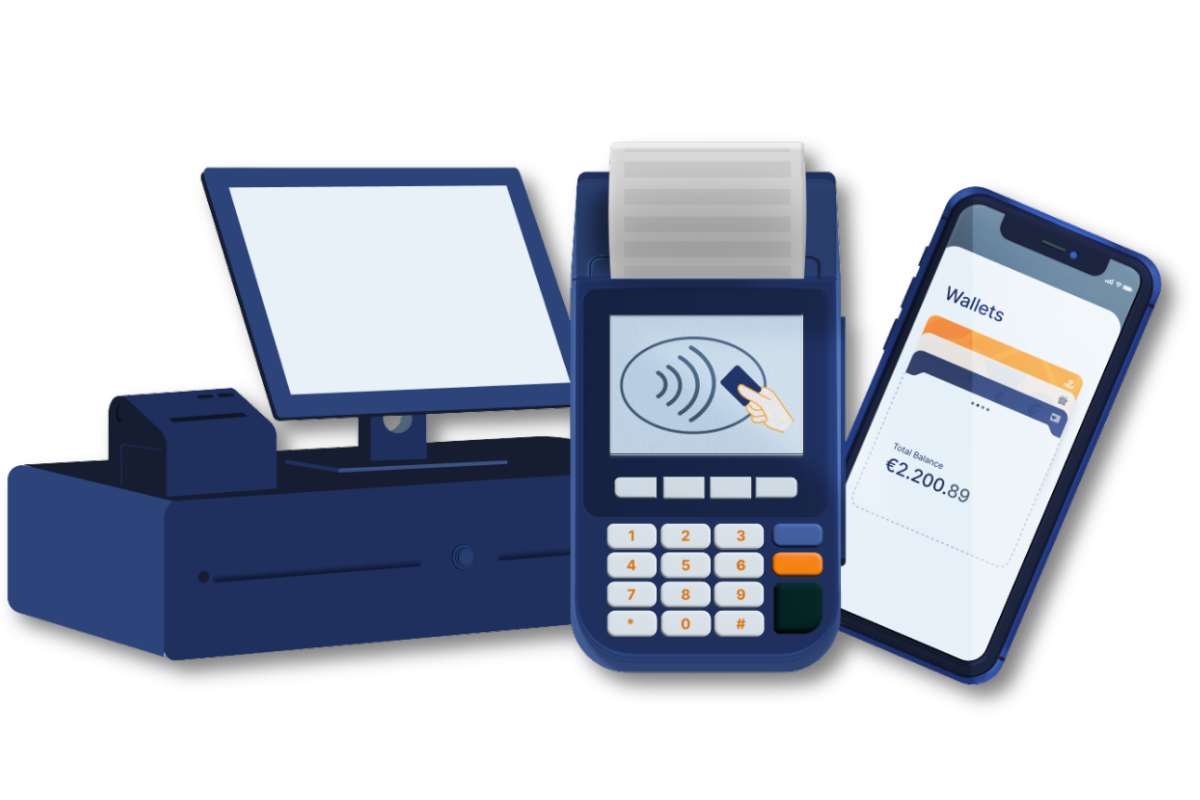 A cash register system, payment terminal and smartphone with digital wallet