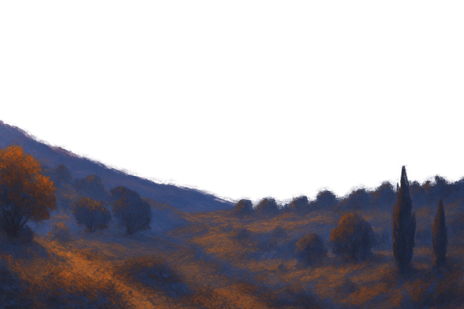 Sunlit landscape with blue and orange hues featuring trees and rolling hills at sunset.