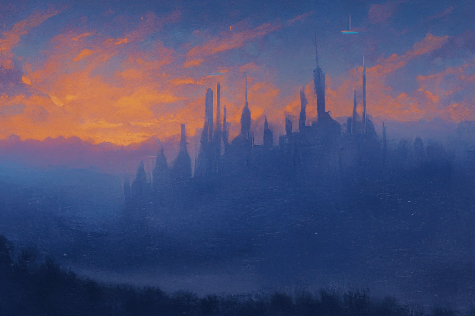 Silhouetted futuristic city skyline at dusk with tall, pointed skyscrapers against a colorful orange and blue sky.