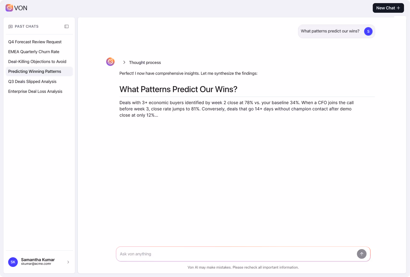 Chat interface showing analysis titled 'What Patterns Predict Our Wins?' with insights on economic buyers influencing deal close rates.