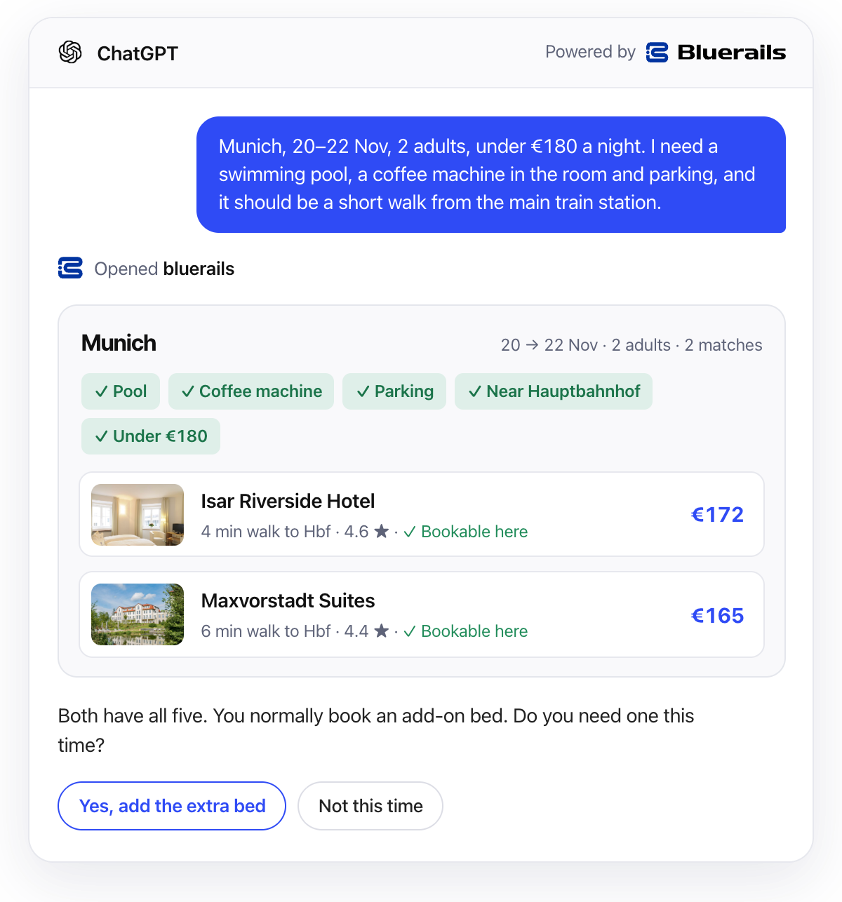 ChatGPT conversation booking a Munich hotel directly with Bluerails