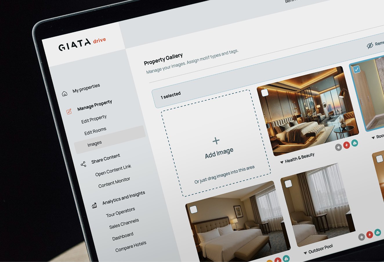 GIATA Drive's property gallery showing hotel images, room information and content management navigation