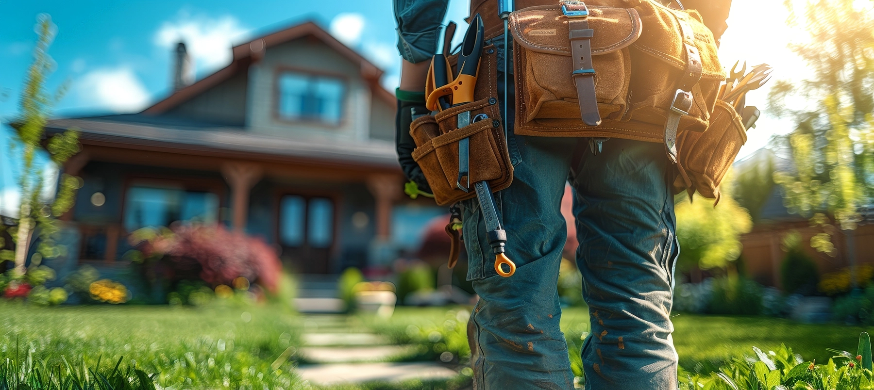 Person wearing a tool belt with various tools standing on a green lawn in front of a house. Peak Pro Home Service Team Member.