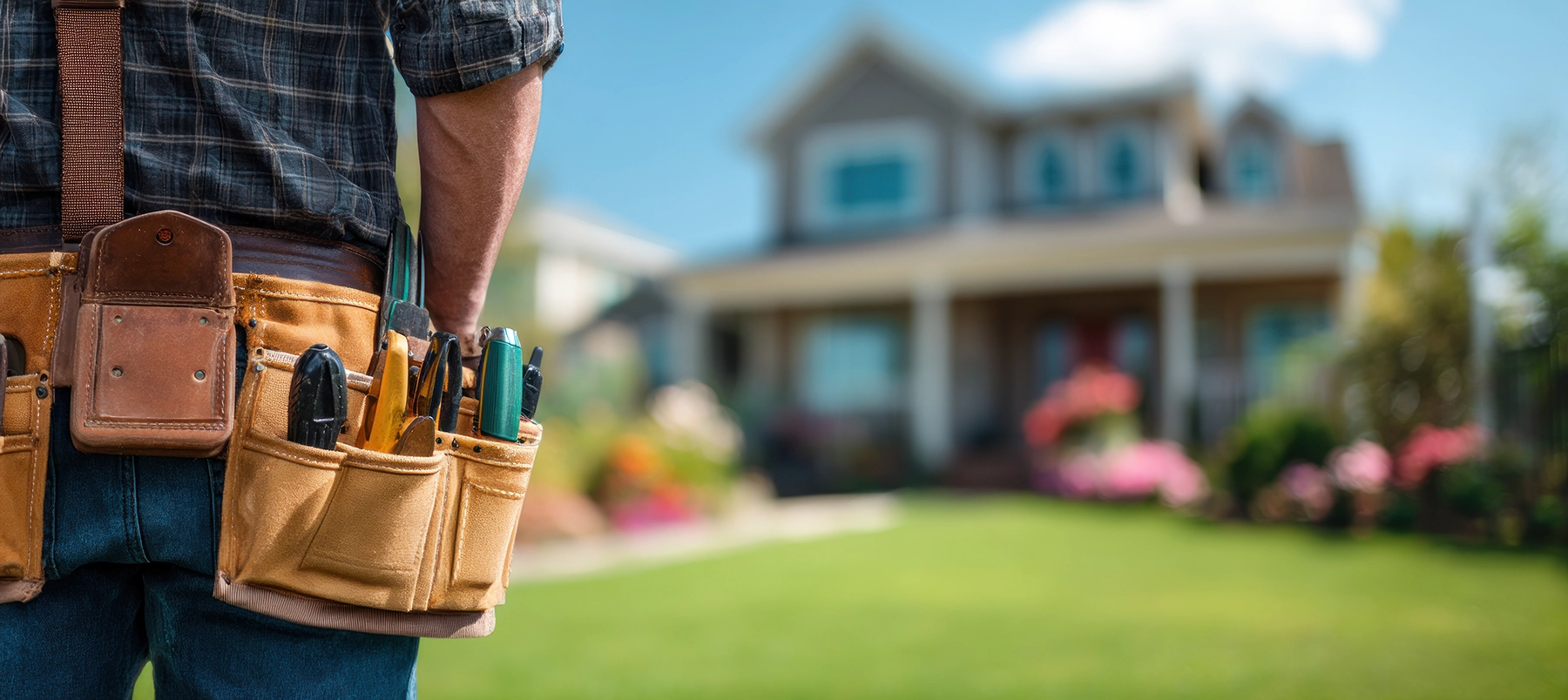 Close-up of a person wearing a tool belt with various tools, standing in front of a suburban house with a green lawn. Peak Pro Home Service Team Member.