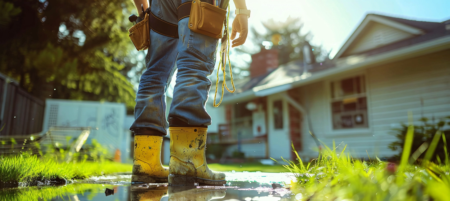 Person wearing yellow muddy boots and jeans standing on wet ground outside a house in bright sunlight. Peak Pro Home Service Team Member.