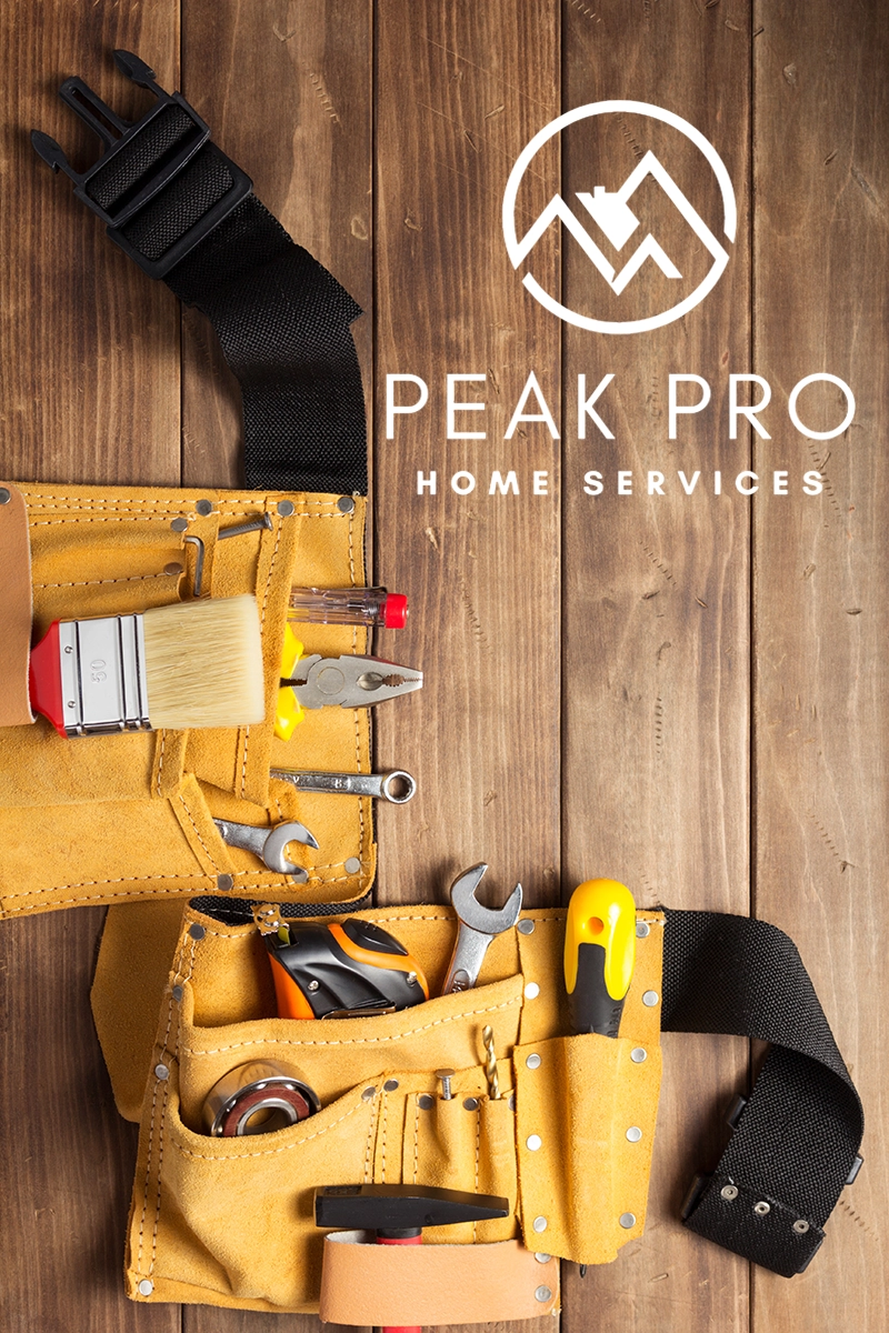 Yellow tool belt with a paintbrush, pliers, wrench, tape measure, screwdriver, hammer, and other tools on a wooden surface with Peak Pro Home Services logo.
