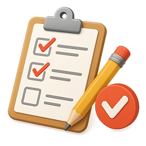 Clipboard with a checklist showing two checked boxes and one unchecked box, accompanied by a pencil and a red checkmark icon.