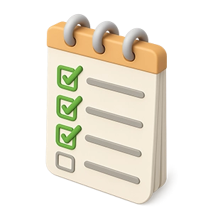 Notebook page with a checklist showing three green check marks and one empty checkbox.