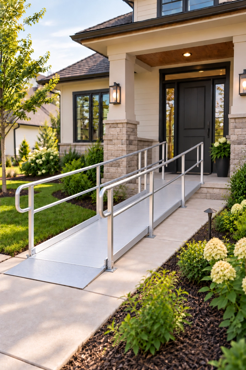Modern house entrance with a metal wheelchair ramp and handrails, surrounded by green plants and garden flowers under a bright sky.