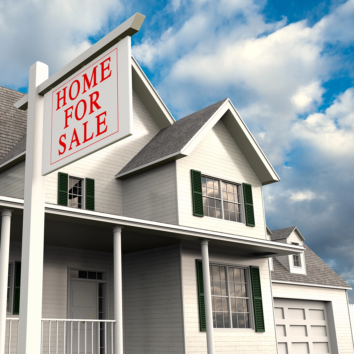 White two-story home with a red Home For Sale sign, symbolizing homes listed and prepared for sale in West Valley, Yakima, Washington.