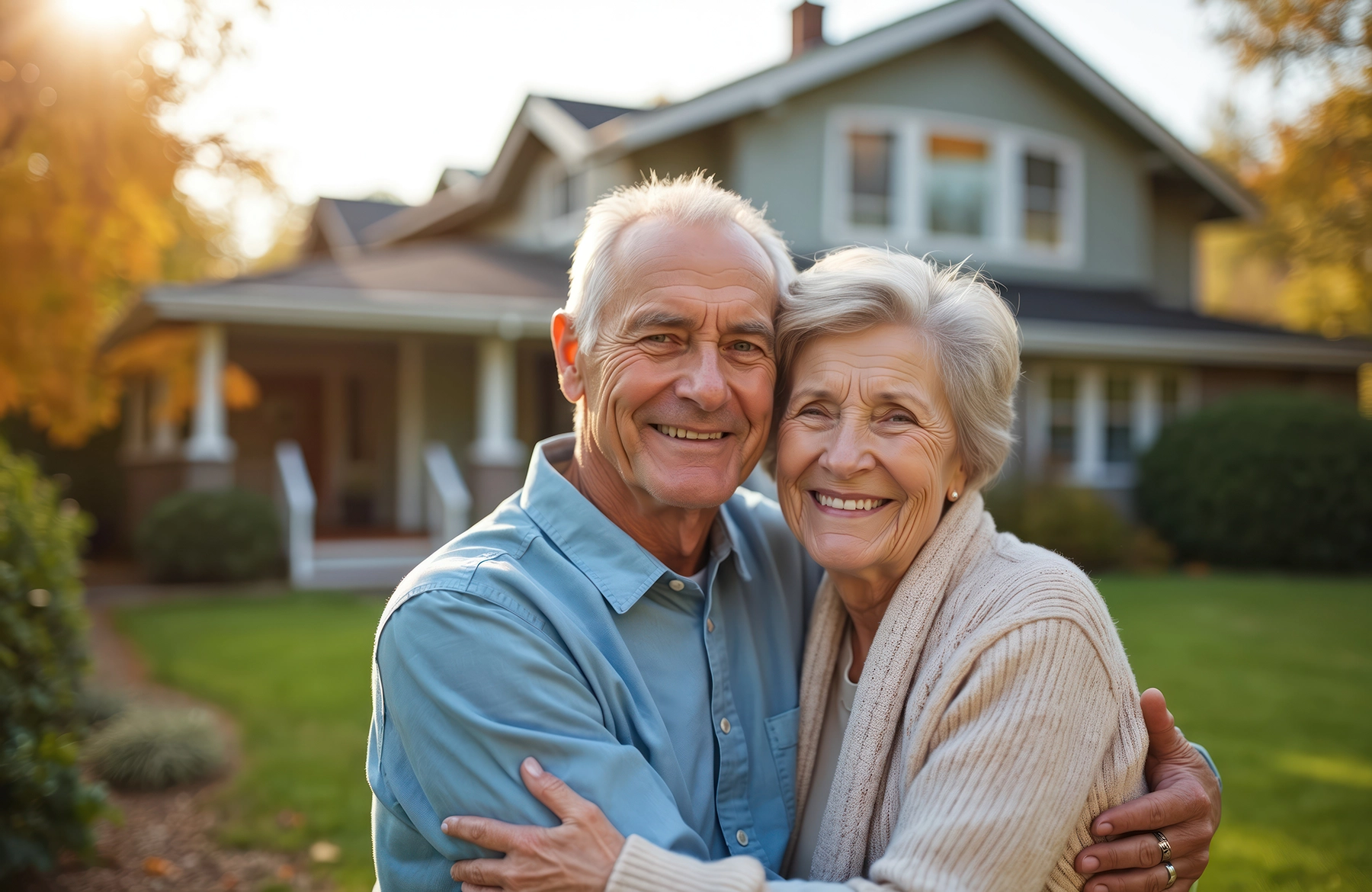 Happy senior couple standing outside their home, representing Union Gap residents aging in place safely with Peak Pro Home Services.