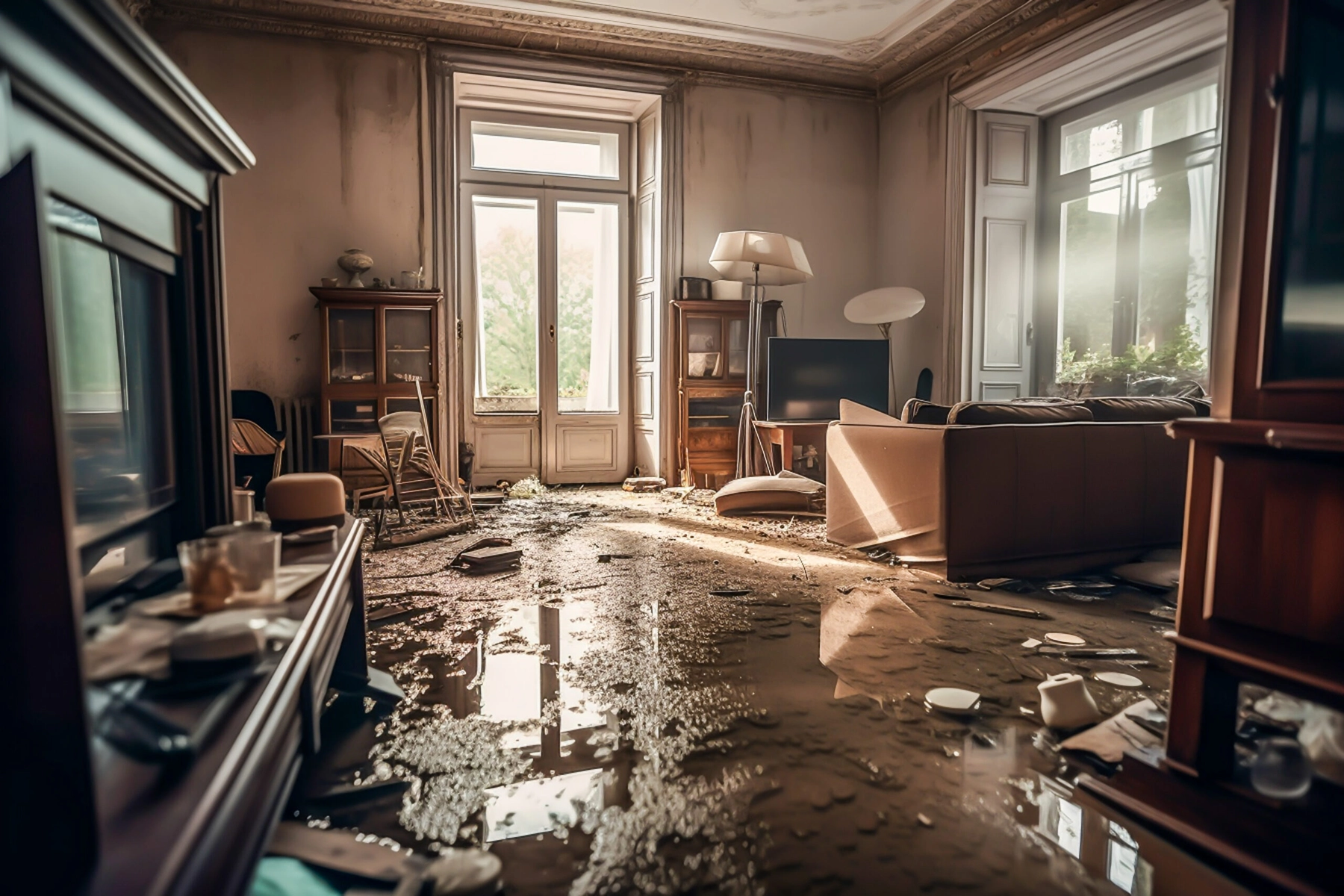 Flood-damaged living room with standing water and furniture debris, representing the water intrusion issues that can lead to mold growth in Selah homes.