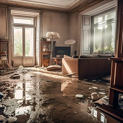 Flood-damaged living room with standing water and furniture debris, representing the water intrusion issues that can lead to mold growth in Selah homes.