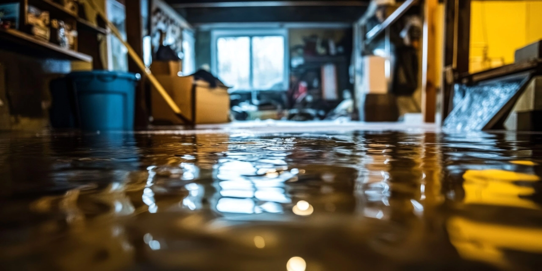 Basement with standing water caused by moisture intrusion, illustrating the need for professional IICRC-certified water damage restoration in Selah, Washington.