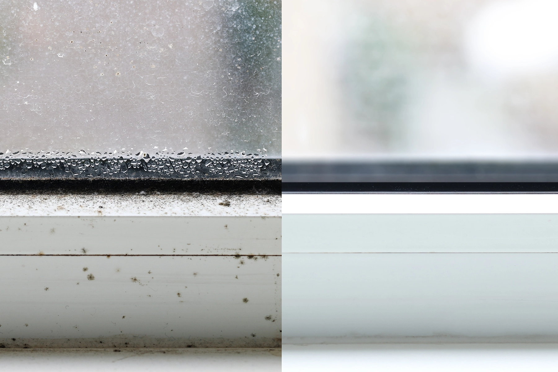 Side-by-side comparison of a window frame with heavy condensation and mold versus the same window cleaned and restored, illustrating moisture and mold issues Peak Pro Home Services resolves in Yakima homes.