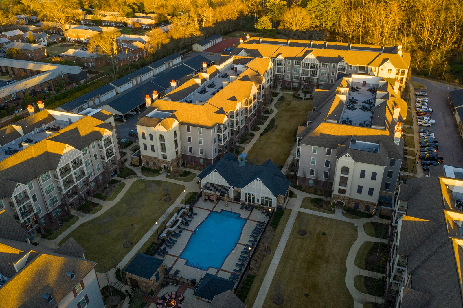 Aerial view of a large multi-building apartment complex, representing the type of rental properties supported by Peak Pro Home Services for landlord maintenance and inspection-related repairs in Yakima.