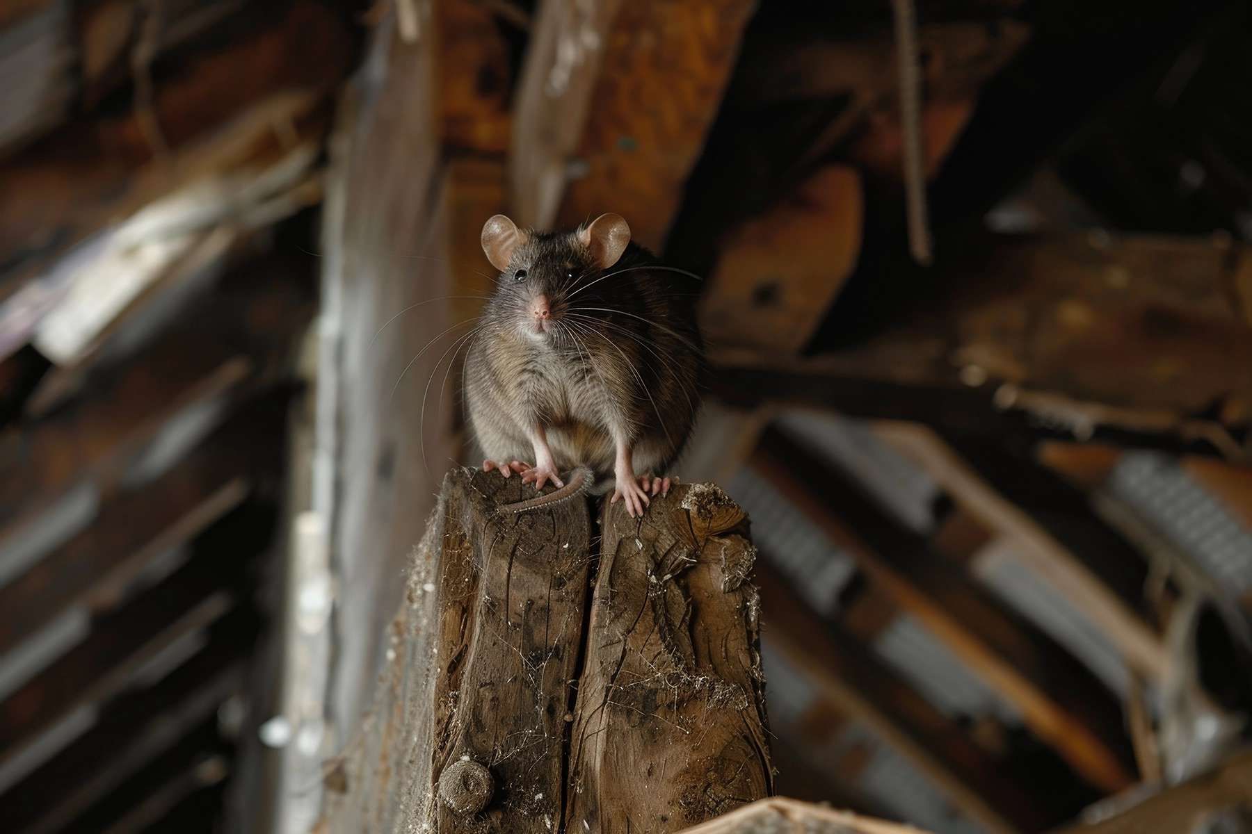 A brown mouse standing on a wooden beam inside an attic, illustrating rodent activity that can lead to waste contamination and insulation damage.