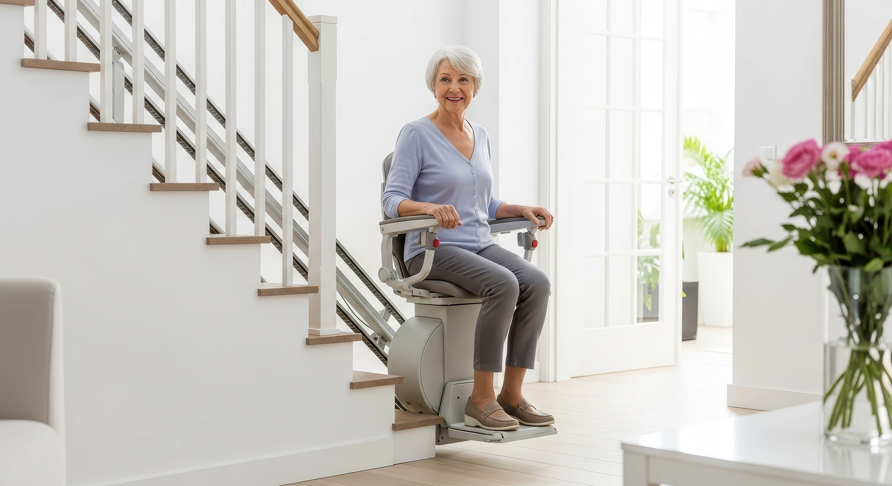 Senior woman seated on a stair lift inside a bright home, demonstrating a safe mobility solution for aging in place and improved stair accessibility.