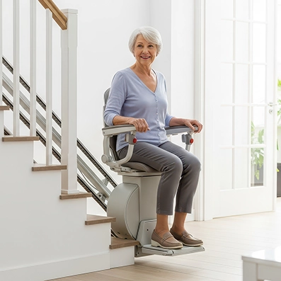 Senior woman seated on a stair lift inside a bright home, demonstrating a safe mobility solution for aging in place and improved stair accessibility.
