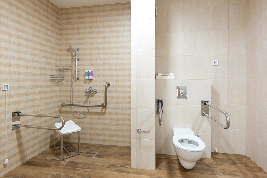 Accessible bathroom with a walk-in shower, built-in seat, and grab bars near the shower and toilet to support senior safety and mobility.