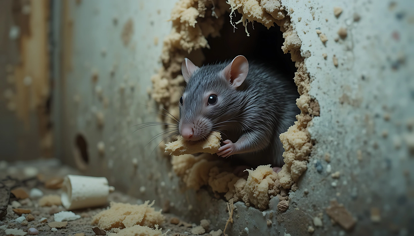 Rat emerging through a hole in a basement wall, illustrating rodent entry points created by damaged or unfinished construction.