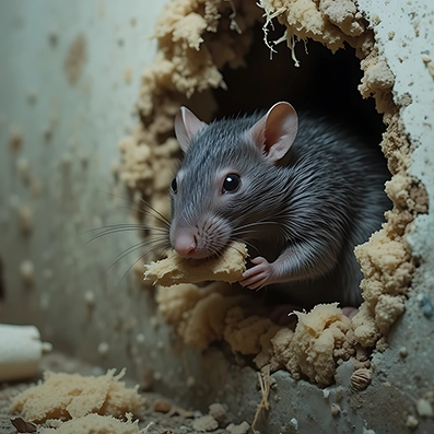 Rat emerging through a hole in a basement wall, illustrating rodent entry points created by damaged or unfinished construction.