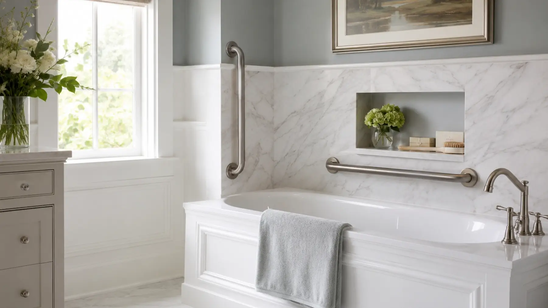 Grab bar installed beside a bathtub in a Yakima bathroom for fall prevention