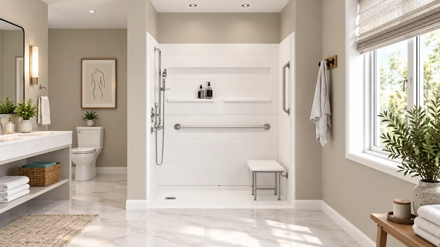Low-threshold wheelchair-accessible roll-in shower installed in a Yakima bathroom