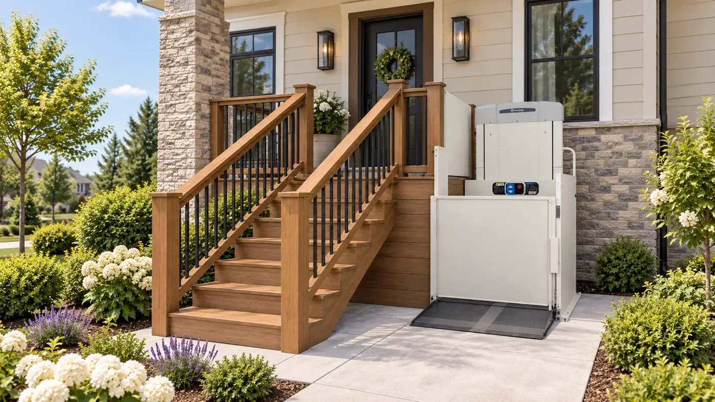 Vertical platform lift carrying a wheelchair up to a raised porch at a Yakima home