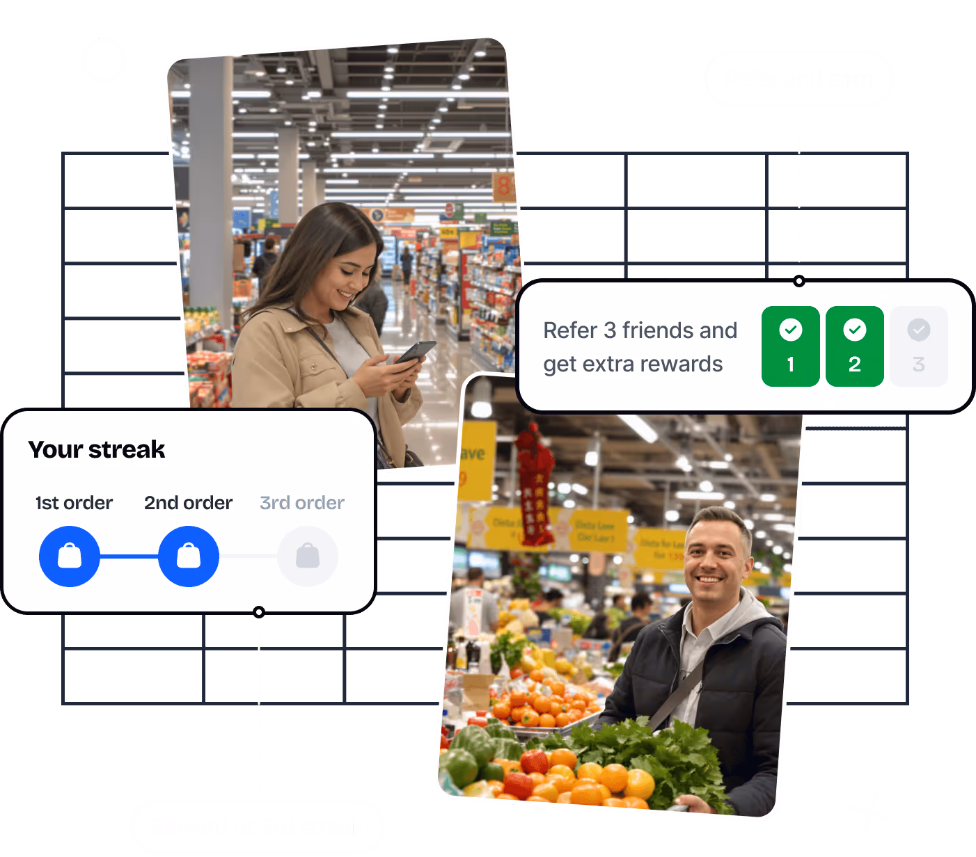 Two photos of people shopping in a grocery store with icons showing order streak progress and a referral reward offer.