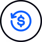 Blue circular arrow surrounding a dollar sign indicating refund or money back.