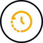Yellow clock icon with a dotted circular outline on a white circular background.