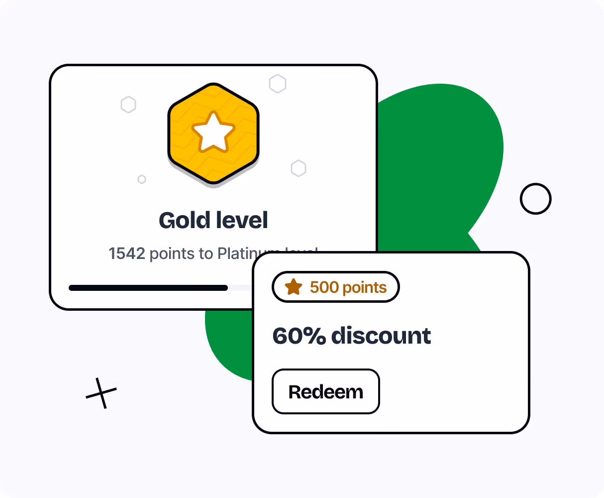 User interface displaying Gold level status with 1542 points needed for Platinum, and a 60% discount reward redeemable for 500 points.