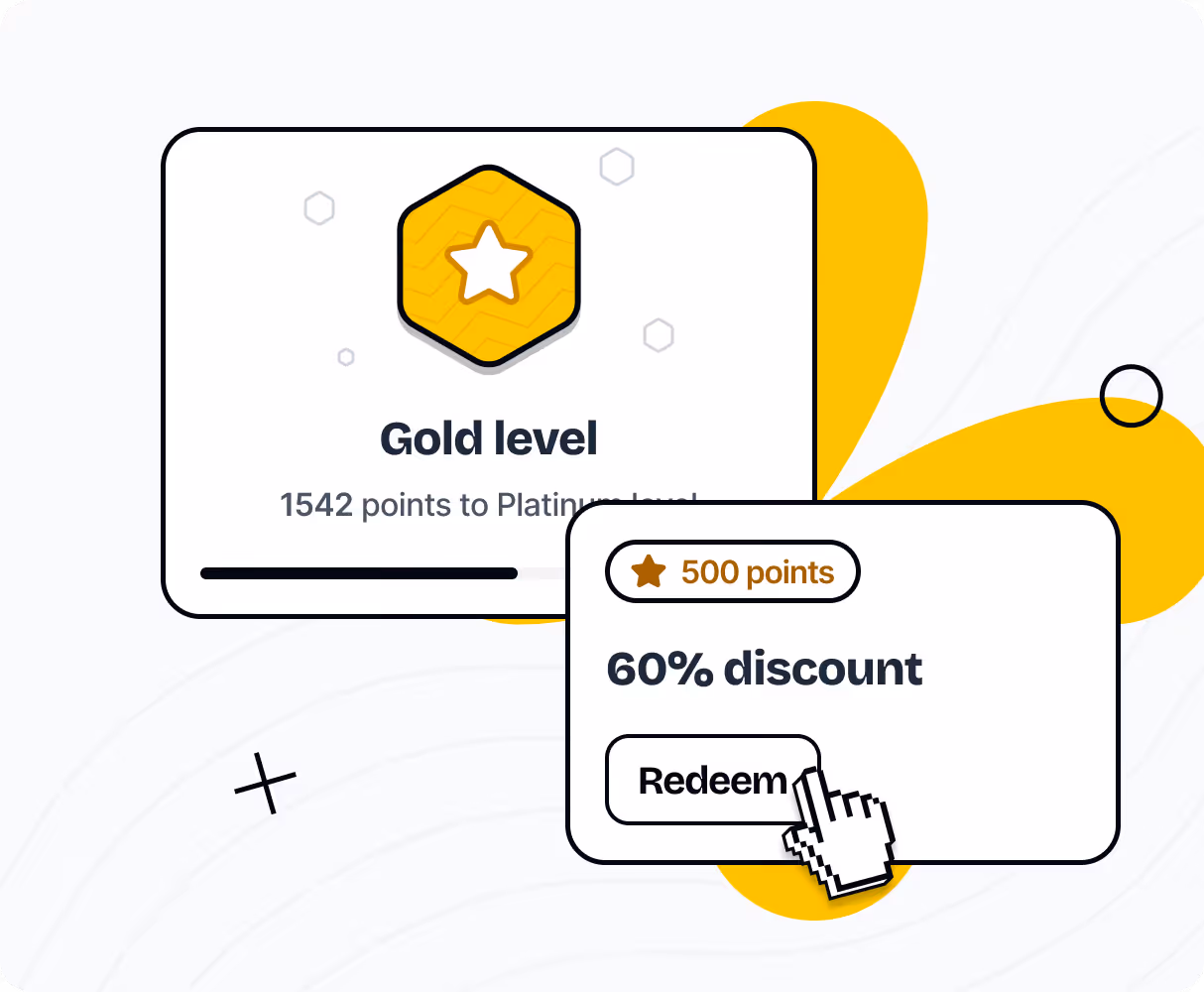 User interface showing Gold level status with 1542 points to Platinum level and a 60% discount reward available for 500 points with a clickable Redeem button.