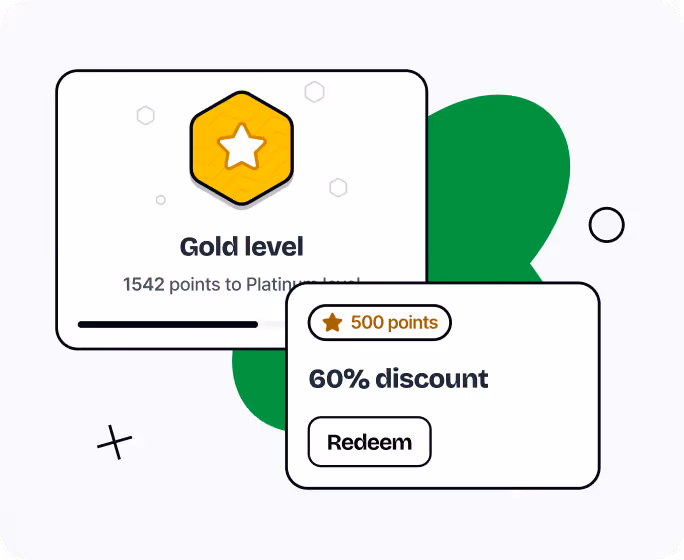 Rewards interface showing Gold level status with 1542 points needed to reach Platinum, and a 60% discount offer redeemable for 500 points.