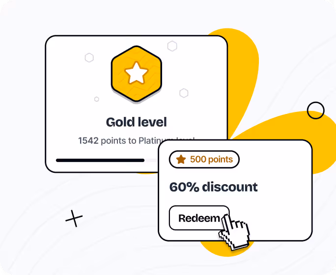 User interface showing gold level status with 1542 points needed to platinum and a 60% discount offer redeemable for 500 points.