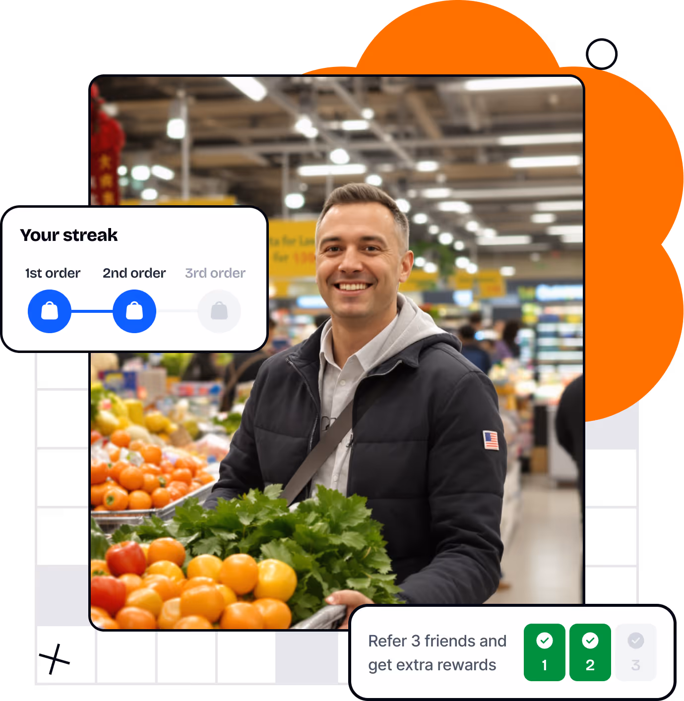 Smiling man with grocery cart full of fresh vegetables and fruits in a supermarket, with graphics showing order streaks and referral rewards.