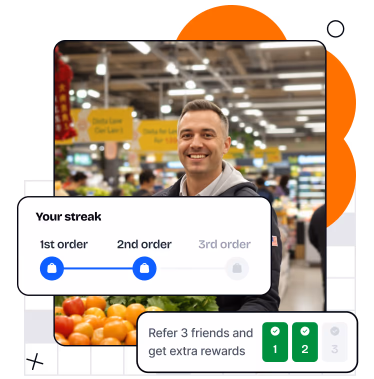 Smiling man in a supermarket with digital interface showing progress for 1st and 2nd orders and referral rewards for referring 3 friends.
