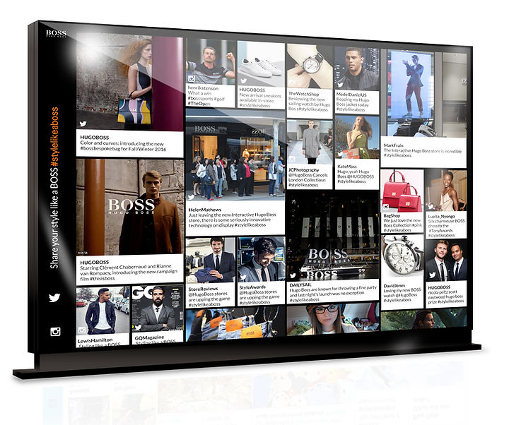 HUGO BOSS community wall, which aggregates user-generated content from social media platforms, developed by One iota Manchester