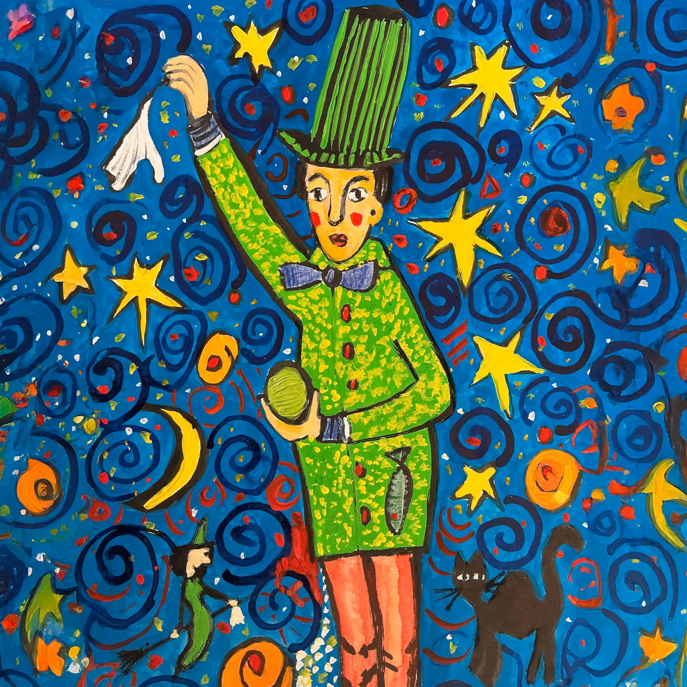 Colorful whimsical painting of a person in a green outfit and tall green hat holding a ball and a white cloth, surrounded by yellow stars, spirals, a black cat, and small figures on a blue background.