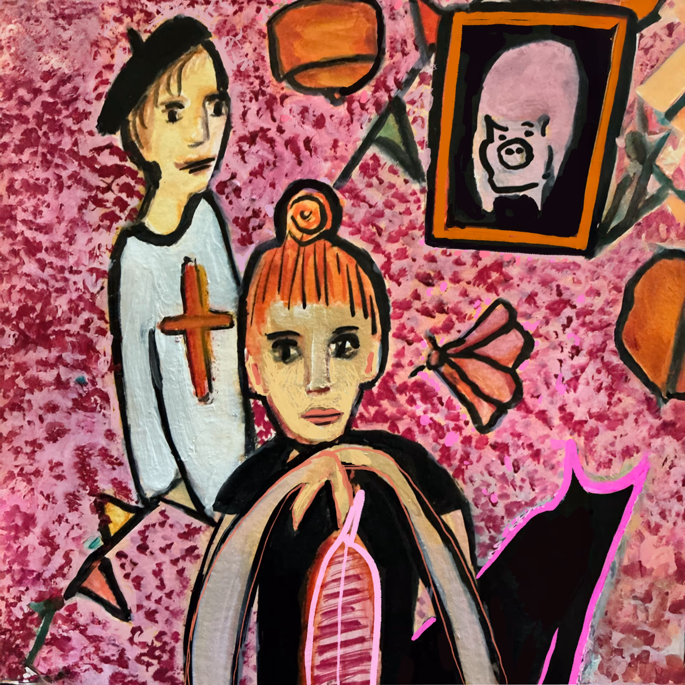 Abstract painting of two people with stylized features against a pink speckled background with a framed pig portrait and abstract shapes.