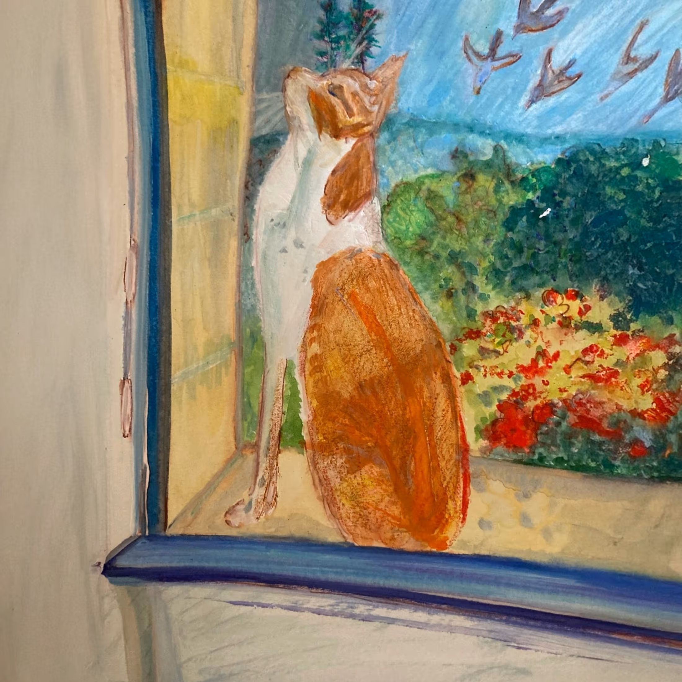 Painting of an orange and white cat sitting on a windowsill looking up at flying birds with a colorful garden background.
