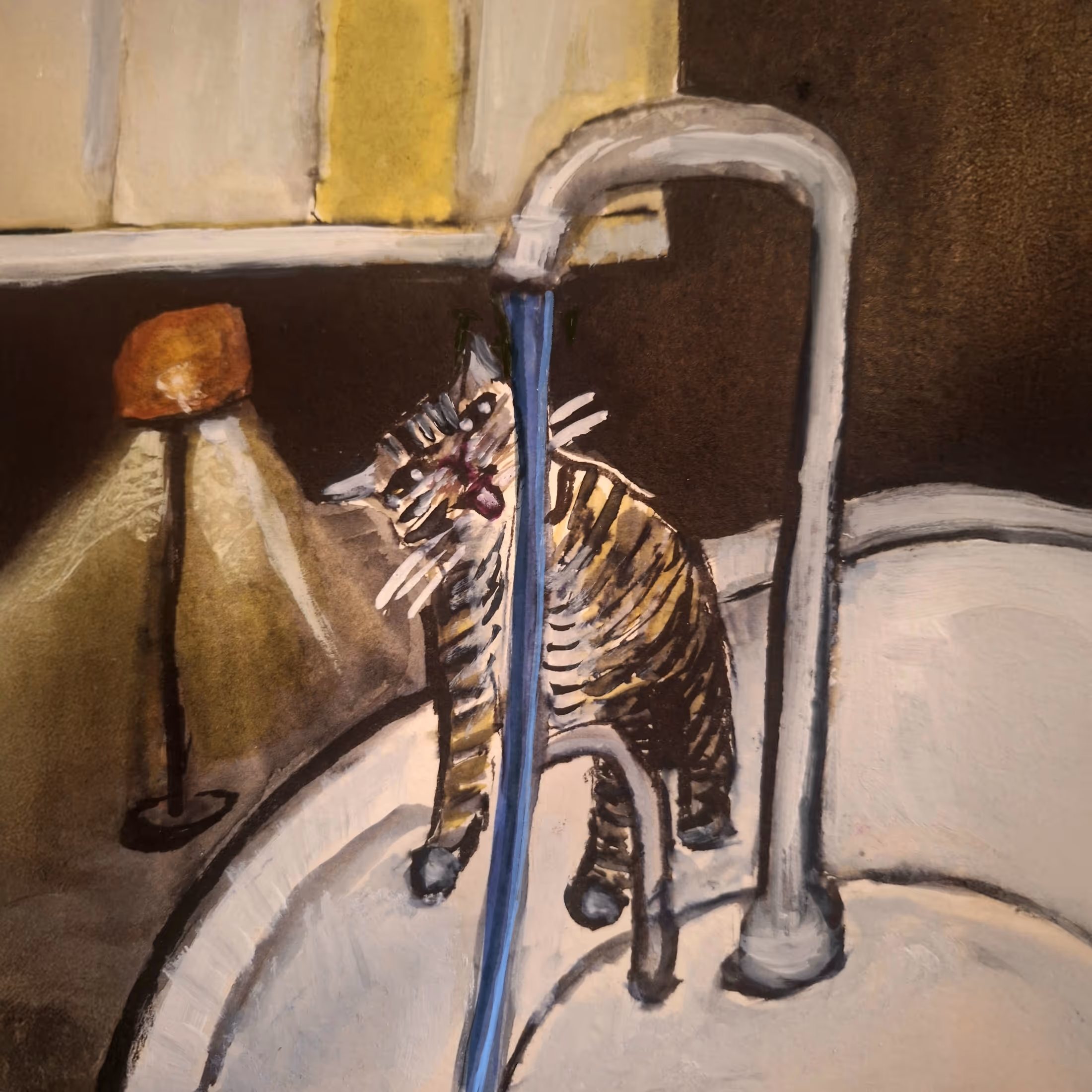 Painting of a striped cat licking water flowing from a faucet into a sink.