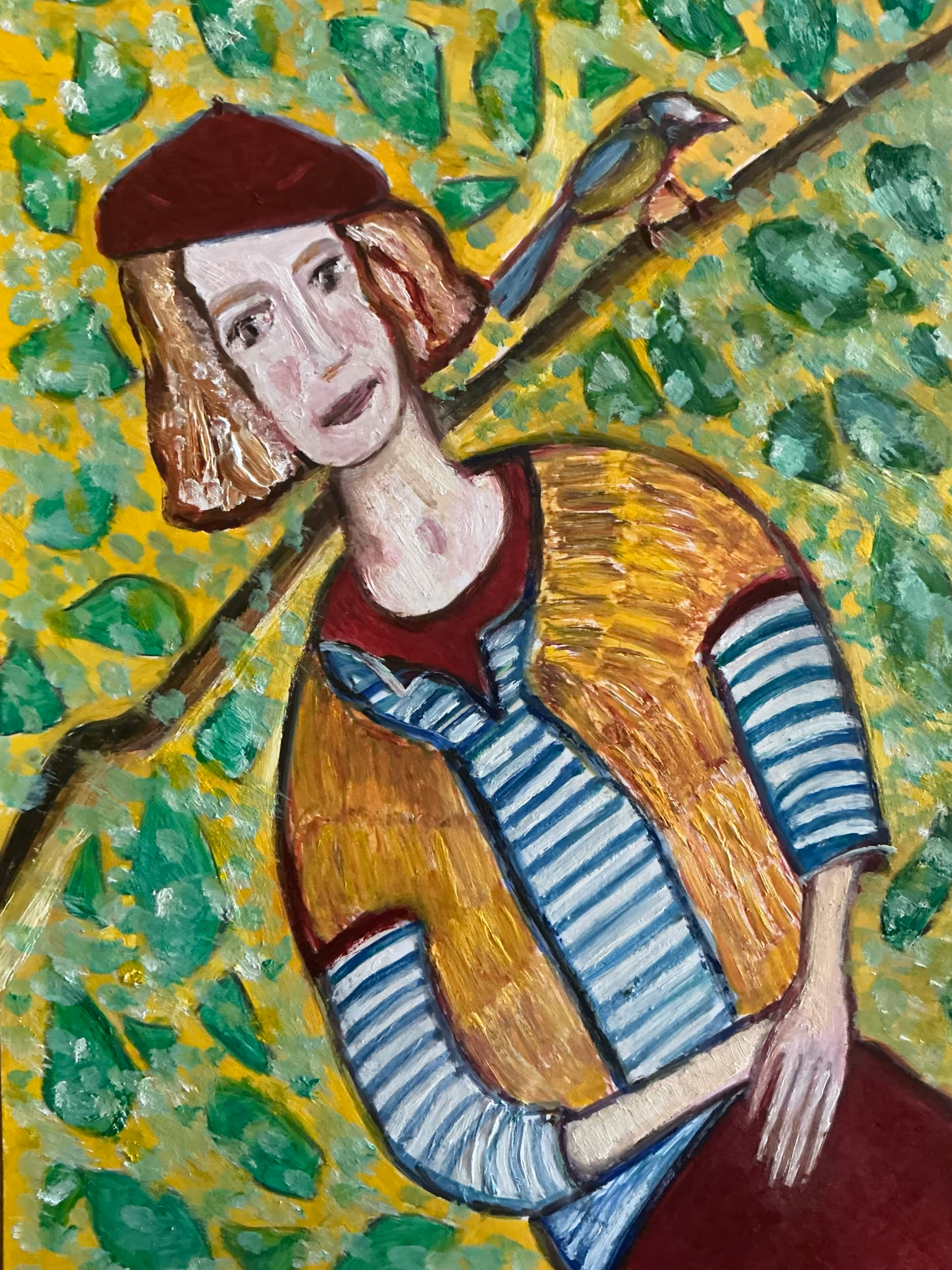 Painting of a woman wearing a red beret and striped shirt with a yellow vest, standing in front of a leafy background with a bird perched on a branch behind her.