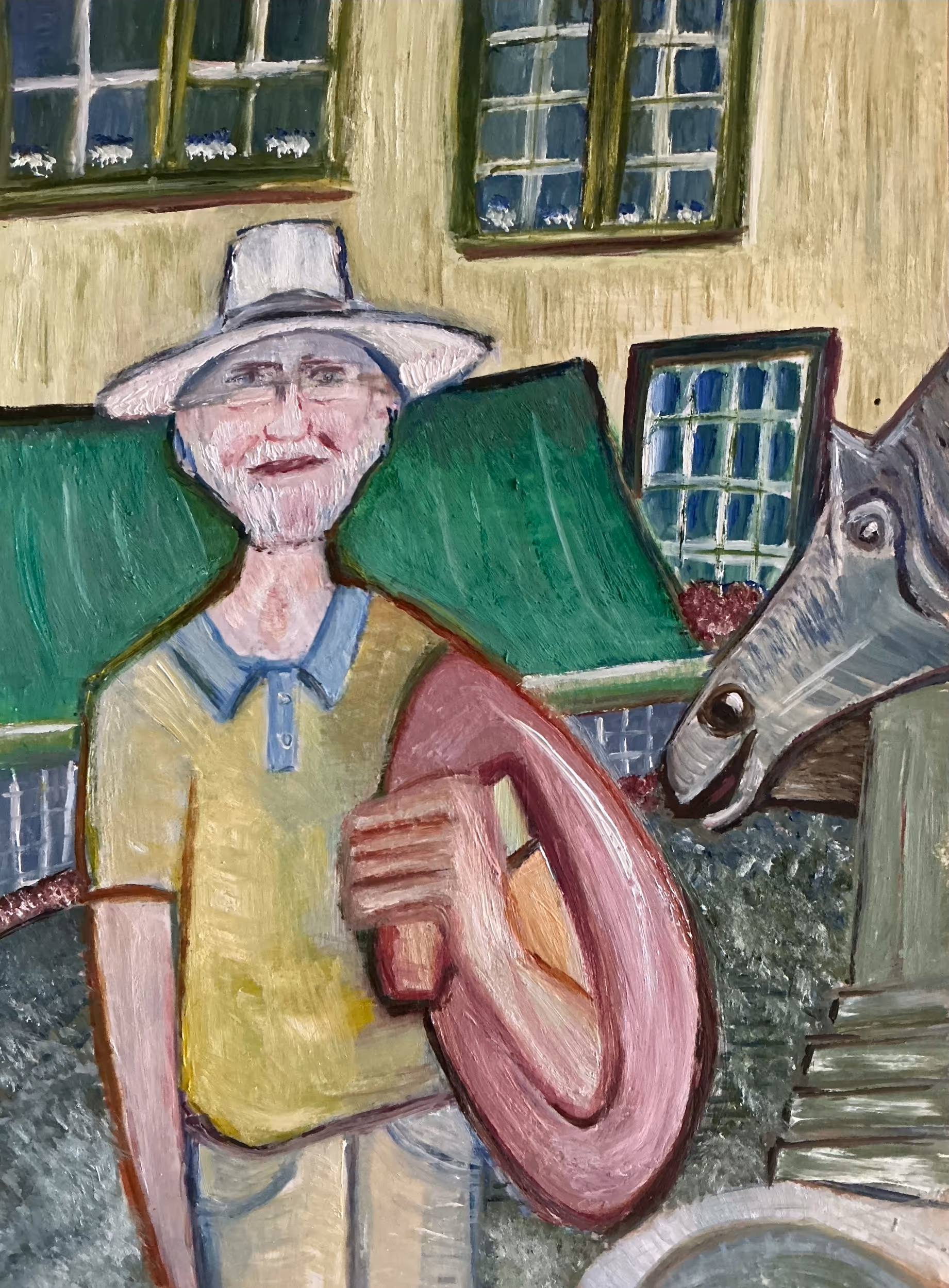 Painting of a man with a white hat holding a large pink musical instrument, standing next to a horse with buildings in the background.
