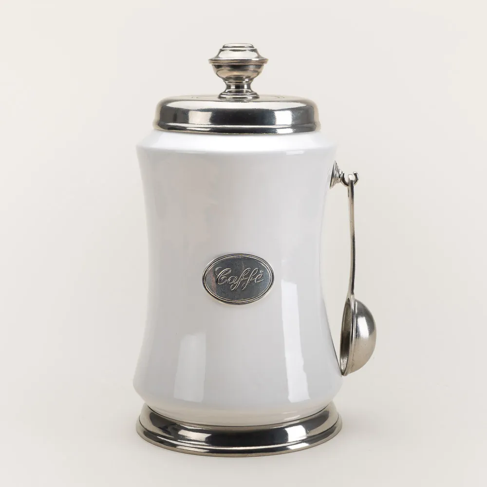 Ceramic and pewter albarello coffee keeper handmade in Brescia, Italy gateway to the southern Alps