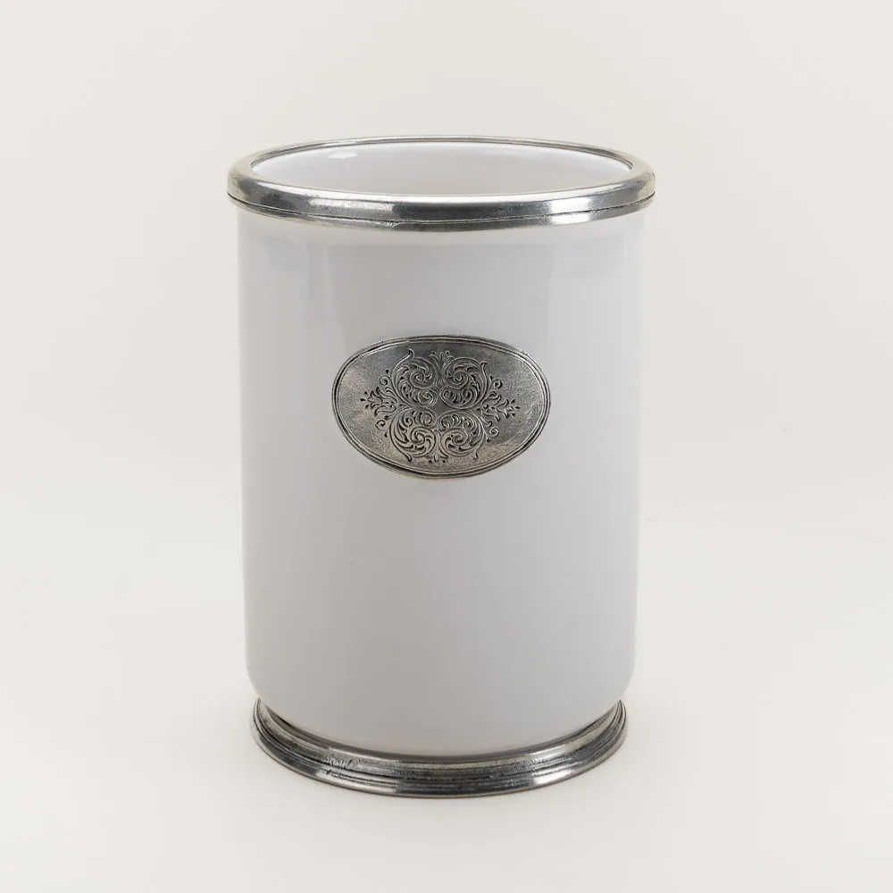 Ceramic and pewter utensil holder handmade in Brescia, Italy gateway to the southern Alps