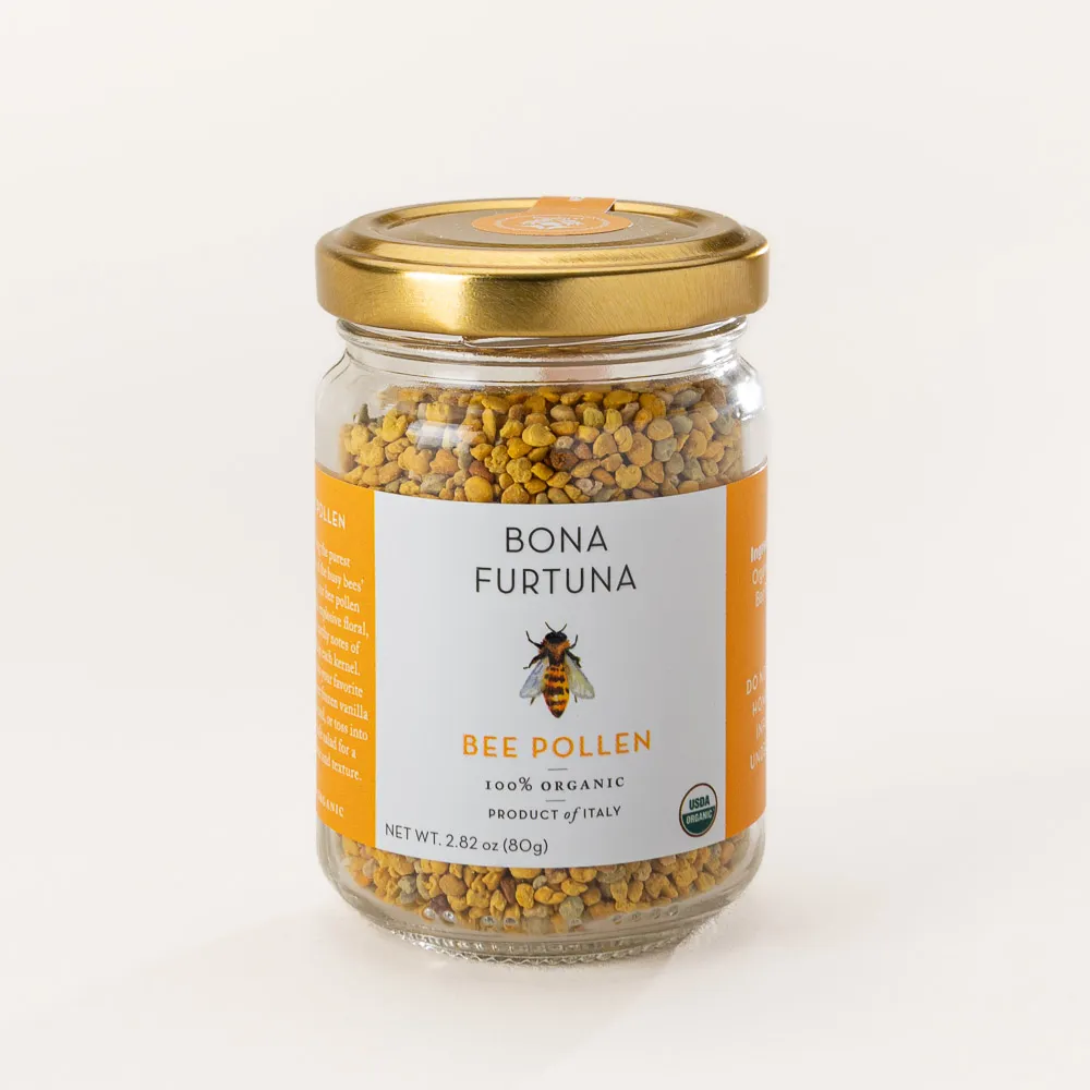 Certified organic bee pollen granules collected from a protected apiary on the island of Sicily