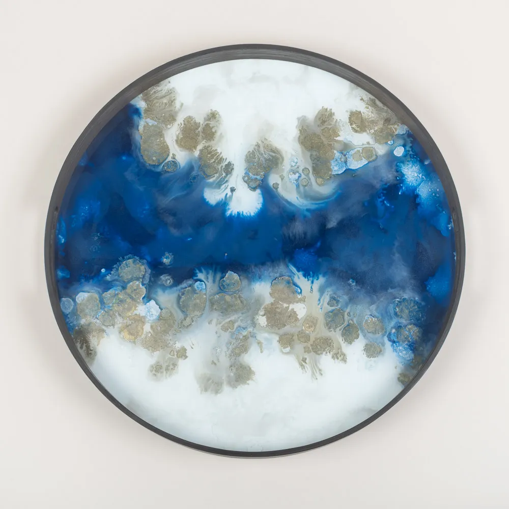 Wood & glass circular coffee bar tray with a hand-painted design of ice caps properly sized for entertaining and full coffee bar arrangements