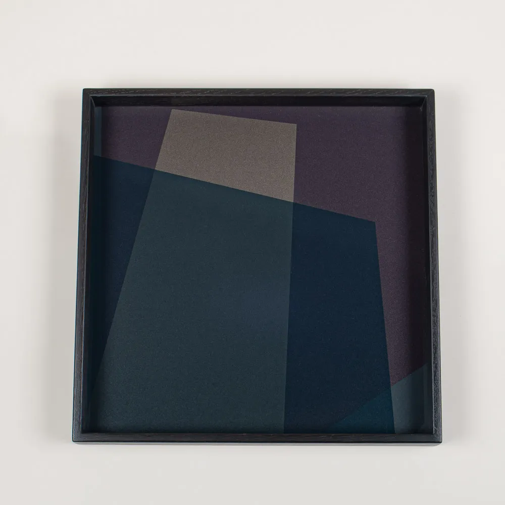 Wood & glass square serving tray with a geometric design properly sized for any coffee or tea arrangement